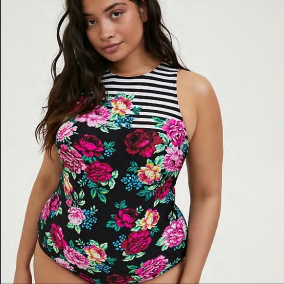 New! Torrid sz 2 Floral Stripe Bathing Swim Suit size 2X - Picture 2 of 3